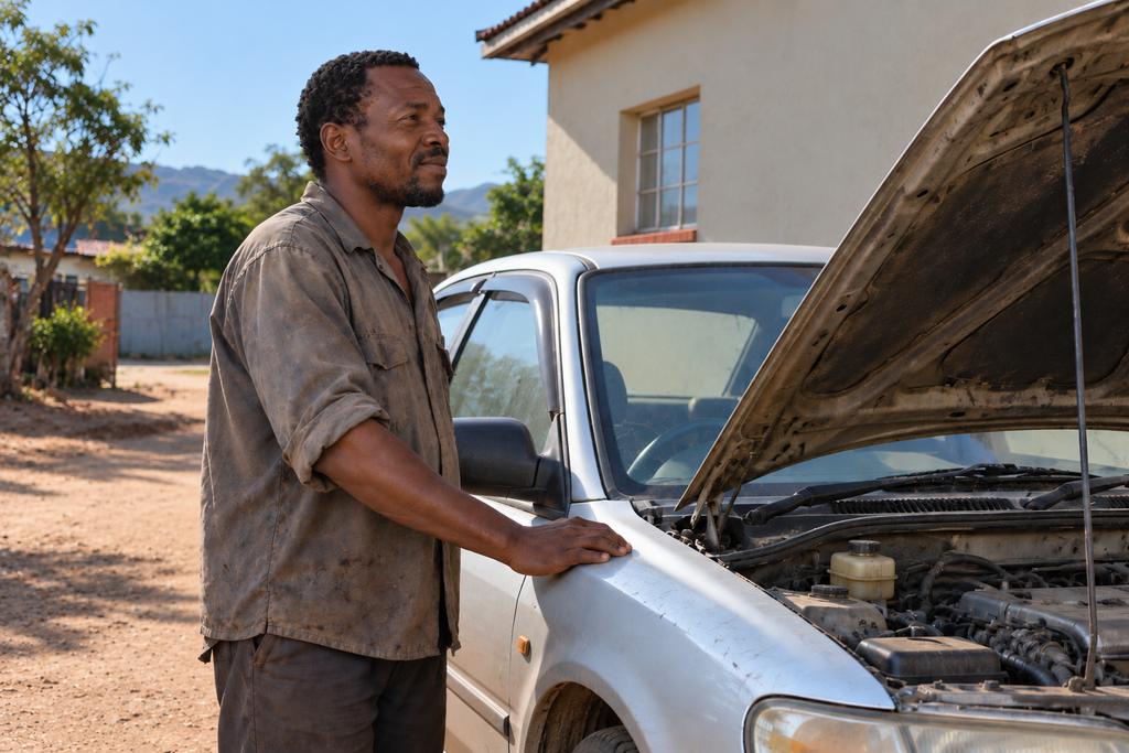The same man at home beside his car with the bonnet open, one hand resting on the wing.