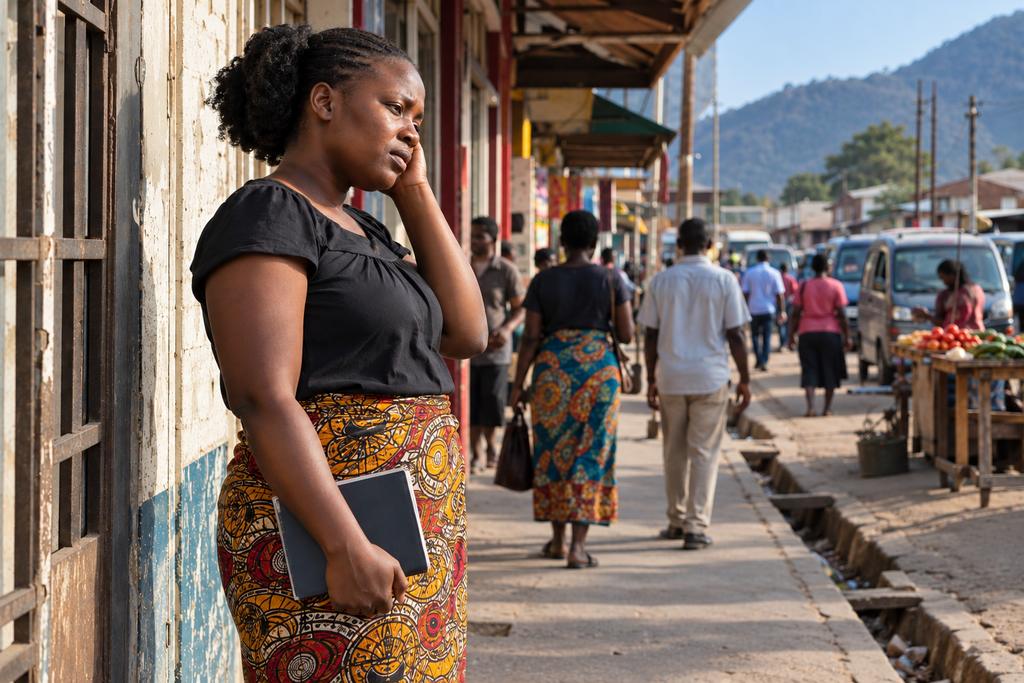 A woman stands outside a row of shops with a phone to her ear and a notebook in her hand, worn out.