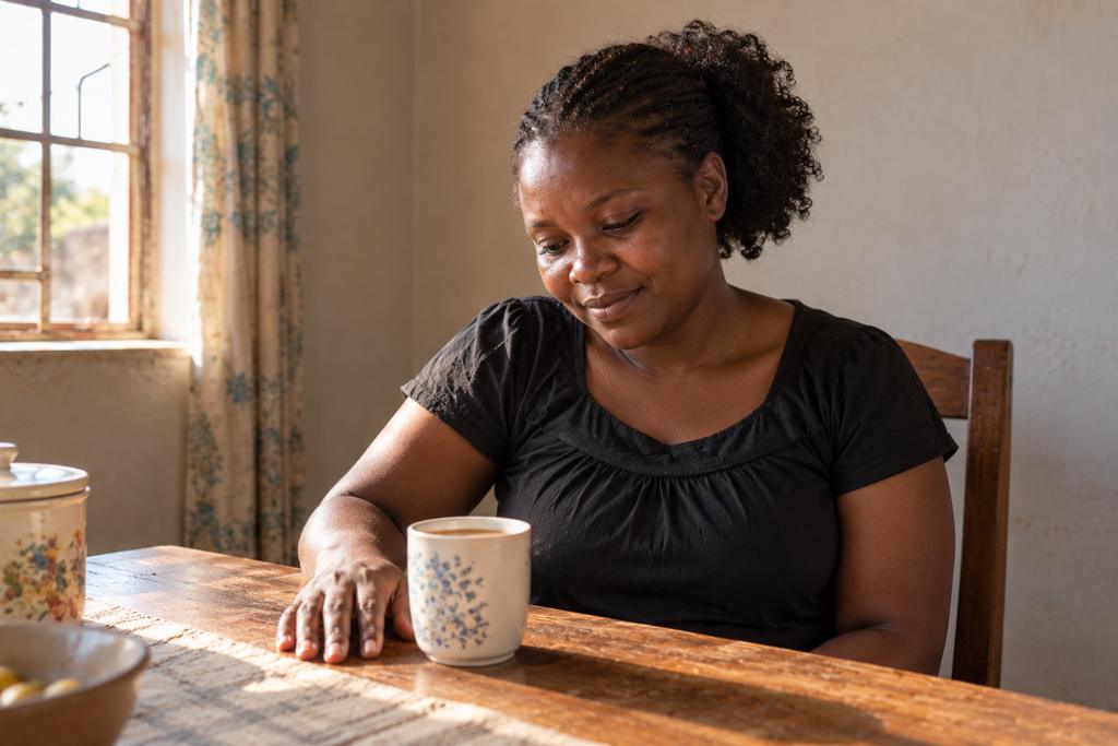 The same woman at her kitchen table with a cup of tea, smiling slightly.