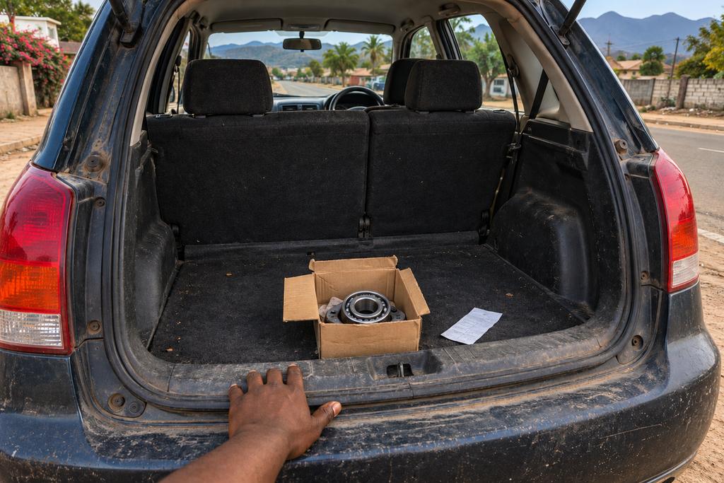 A boxed wheel bearing and a till slip in the boot of a car, a hand resting on the boot sill.