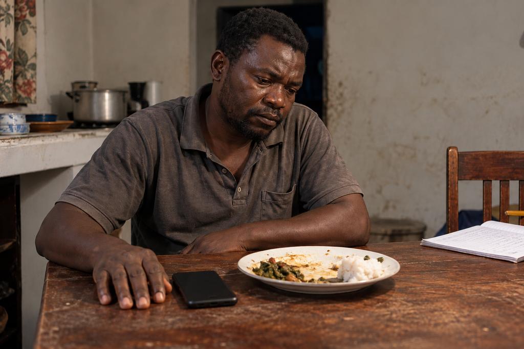 A man at his kitchen table at night looks down at a phone lying beside his plate, irritated.