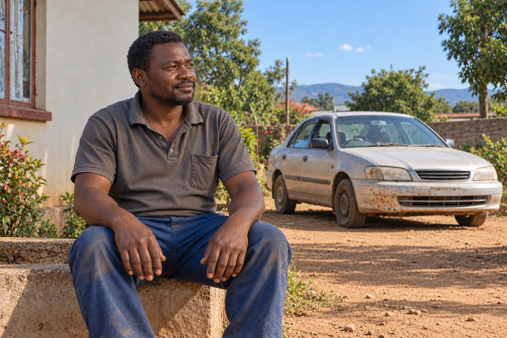 The same man sits on a low wall outside his house in daylight, his car parked behind him.