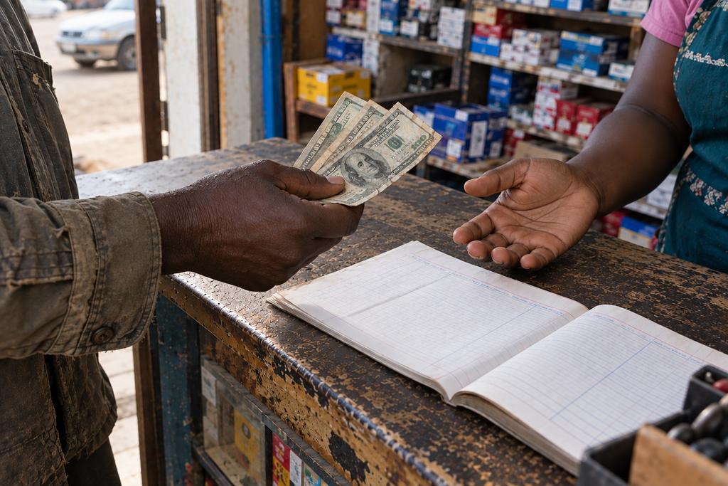 A hand holds banknotes over a receipt book on a shop counter while another hand waits, palm up.