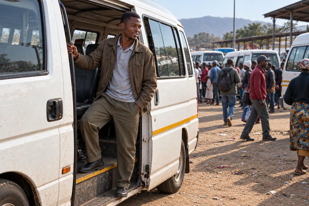 A young man stands in the open door of a minibus at a busy rank, smiling.