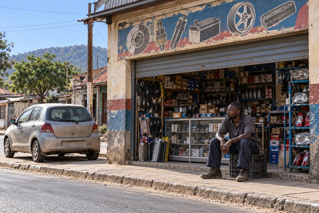 A man sits alone on a crate outside a spares shop on an empty street, the roller door half down.
