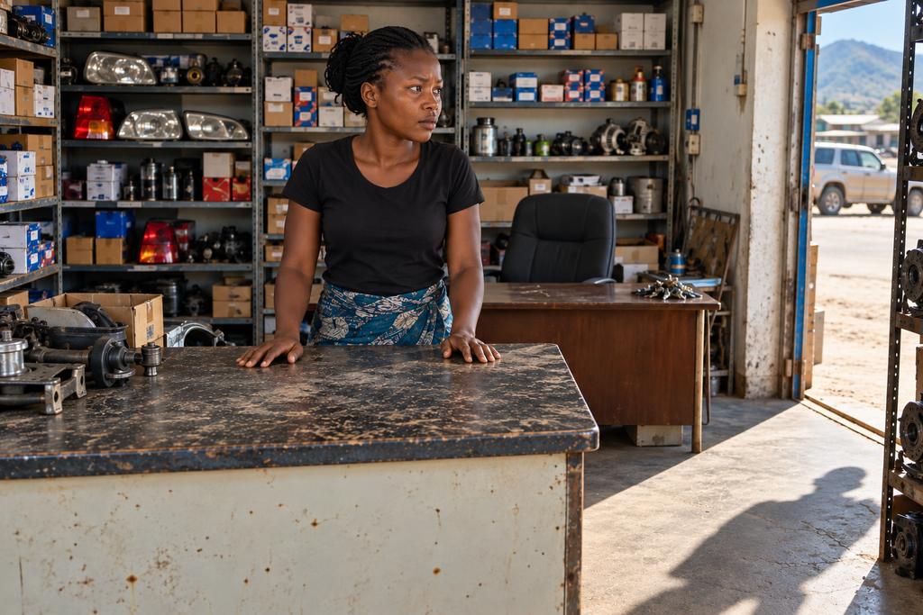 A young woman stands alone behind a shop counter, looking uncertainly towards the door.