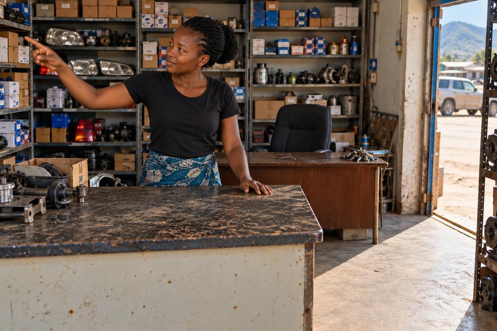 The same young woman behind the counter, confident, pointing to a shelf.