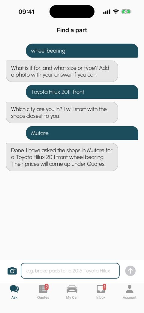 The Twii buyer app: a short conversation asking for a Toyota Hilux 2011 front wheel bearing in Mutare.