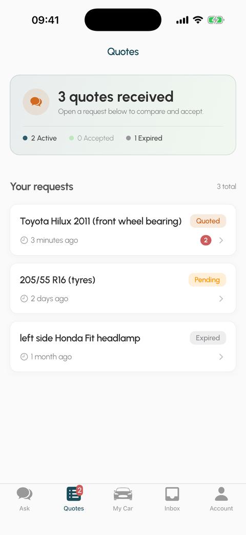 The Twii buyer app: the Quotes tab, with three quotes received on three requests.