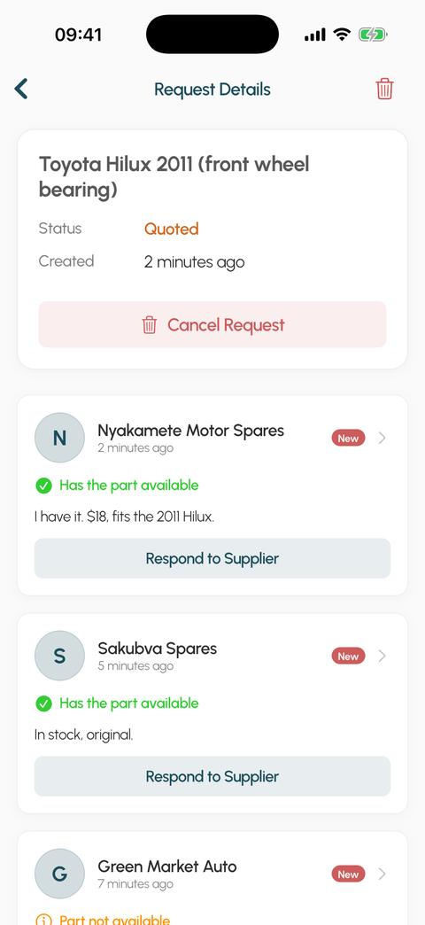 The Twii buyer app: three shops reply to the request, two saying they have the part for the 2011 Hilux.