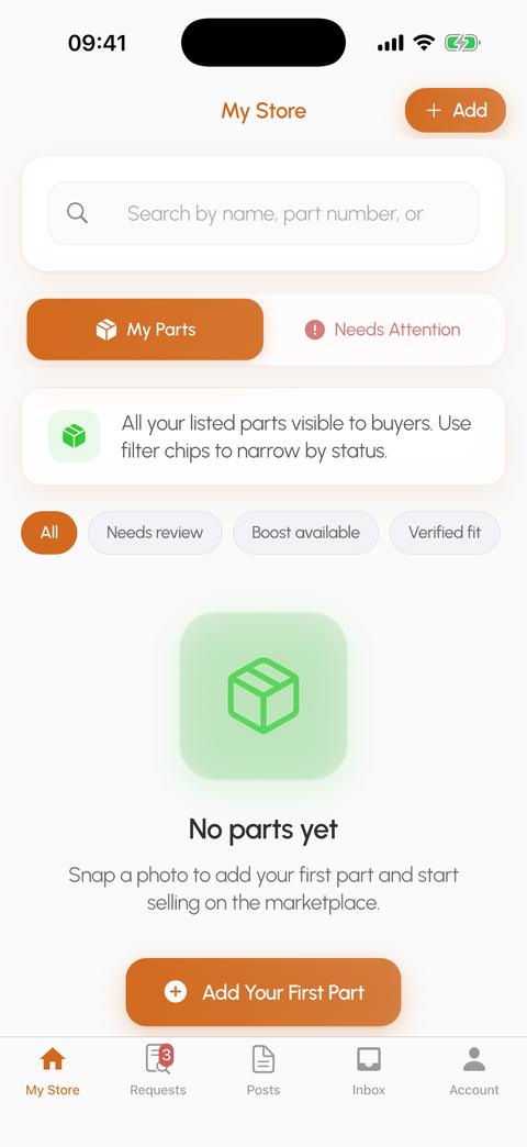 The Twii supplier app: an empty store that says to snap a photo to add the first part.