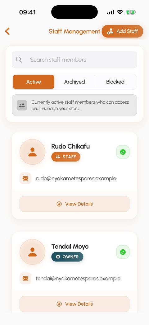 The Twii supplier app: the staff list, with one staff member and the owner.